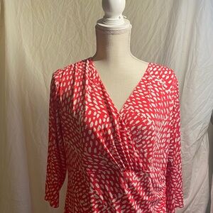 Dressbarn Coral and White paint splash patterned contemporary wrap dress